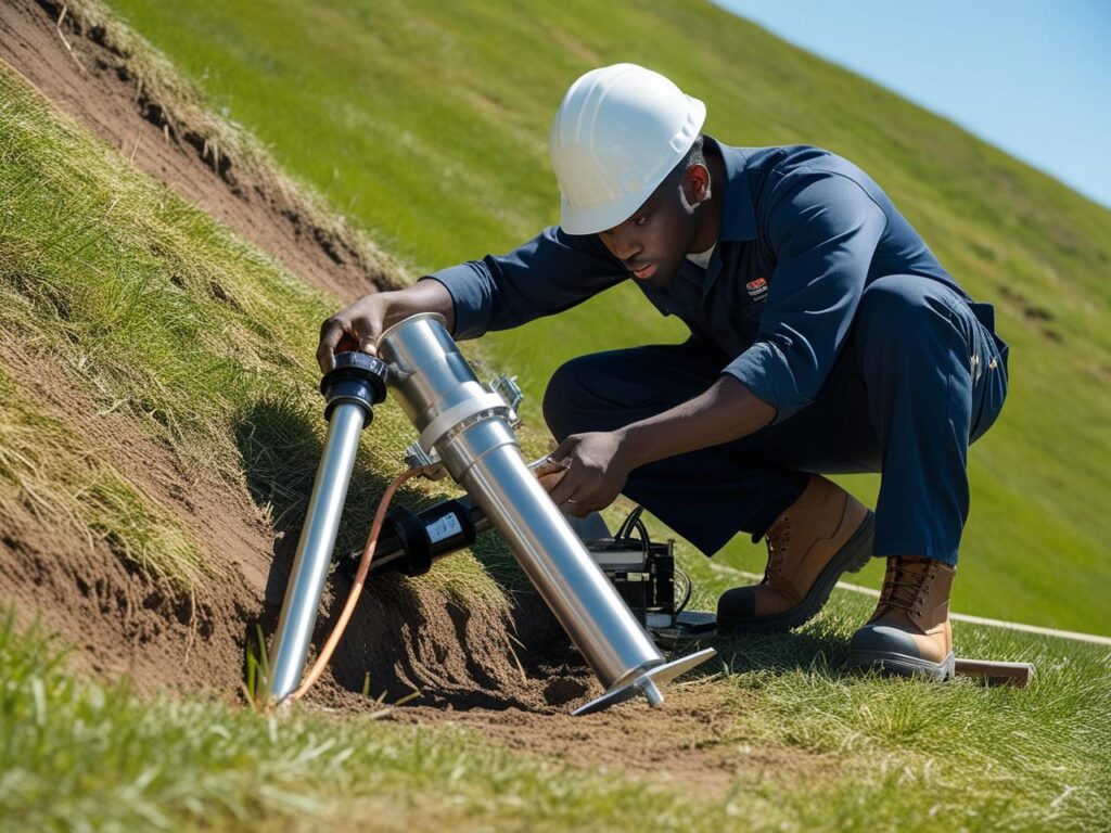 A african technician installing a standpipe piezometer on a sloped terrain. man
