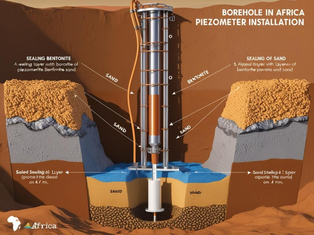 A borehole setup with a visible piezometer installation being sealed with bentonite and sand layers, clearly showing labeled stages. (african)