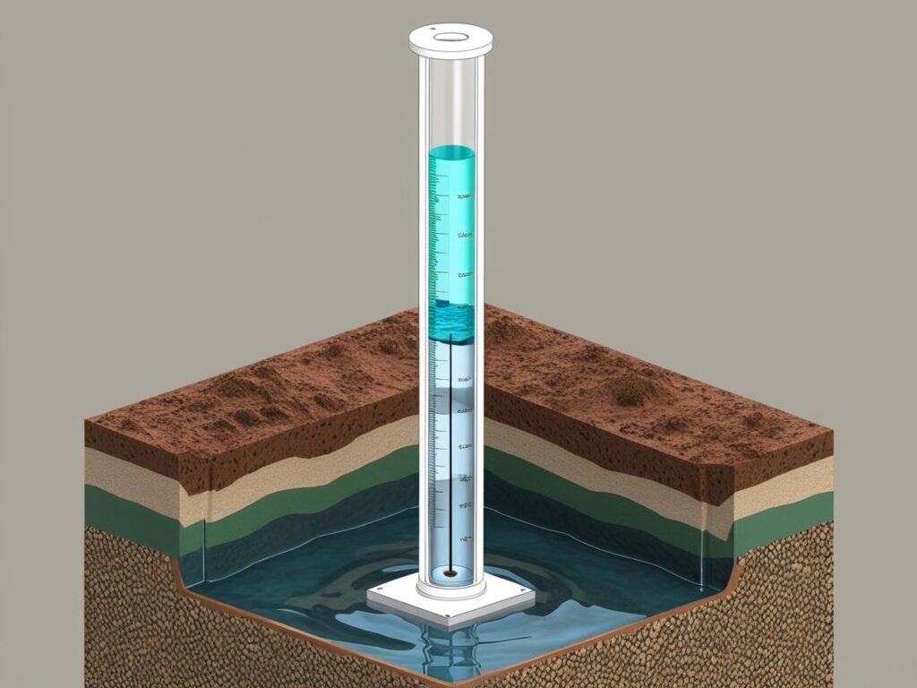 A clear, cross-sectional 3D render-style image of a standpipe piezometer inside the ground, indicating groundwater levels.