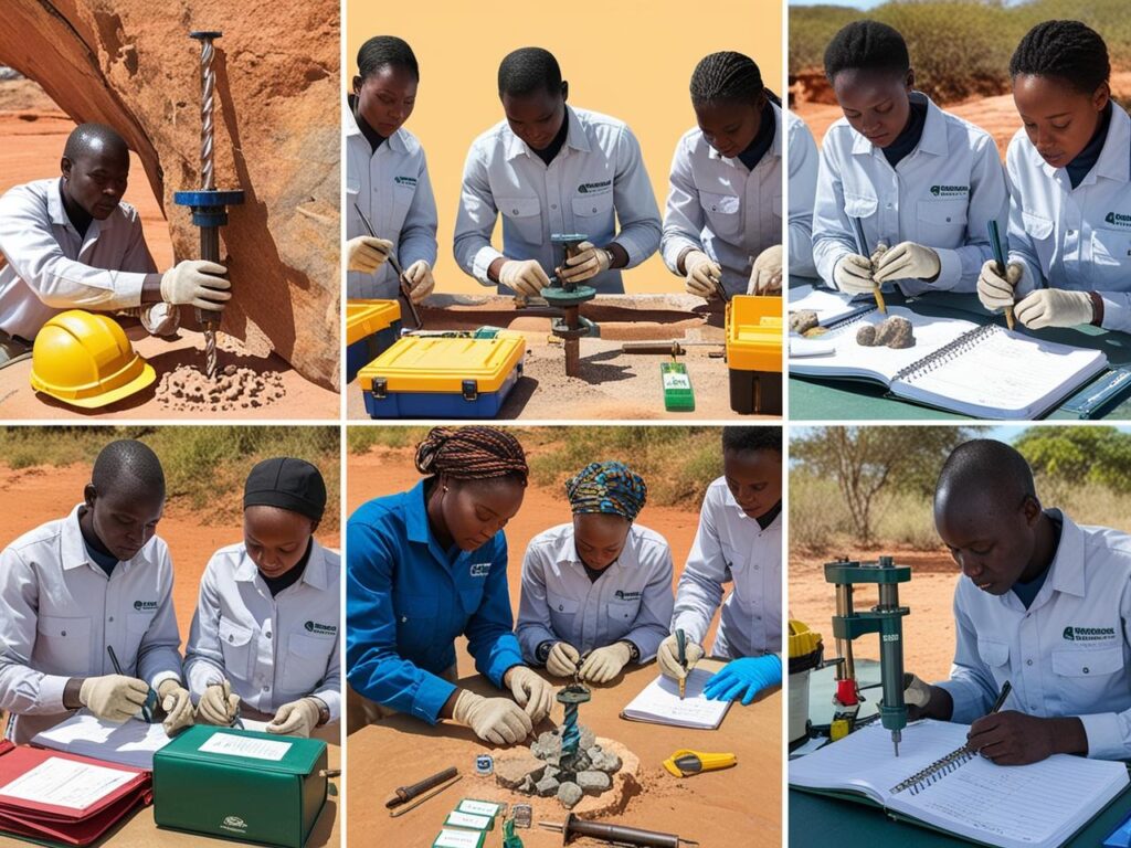 A collage image showing multiple investigation activities — drilling, sampling, and field logging — happening in sync. 9african technicuans)