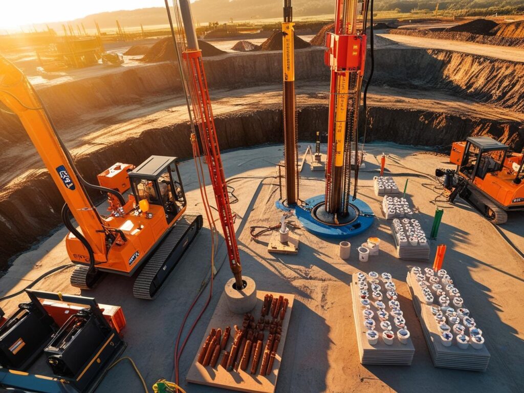 A panoramic view of a construction site with multiple geotechnical tests being conducted, such as SPT, core drilling, and piezometer setup.