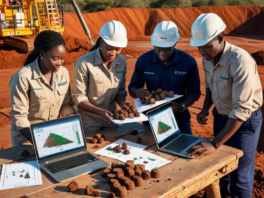 African Engineers and geologists reviewing soil samples and core data with laptop and site blueprints on a table at an active drilling site.