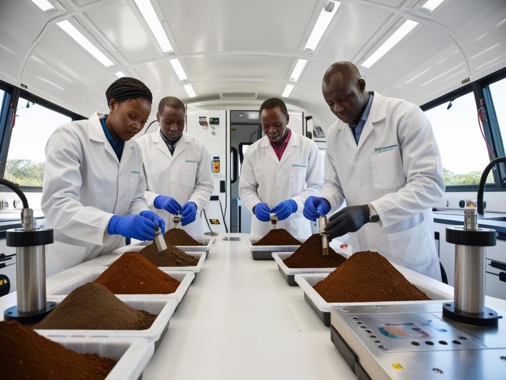 African Technicians analyzing soil samples inside a mobile geotechnical lab setup. group