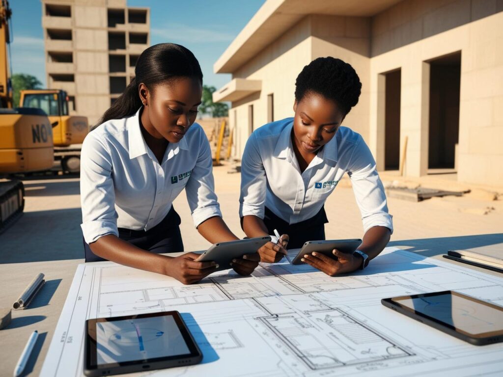 African Technicians recording SPT N-values with site plans and digital tools, in a semi-urban development area.