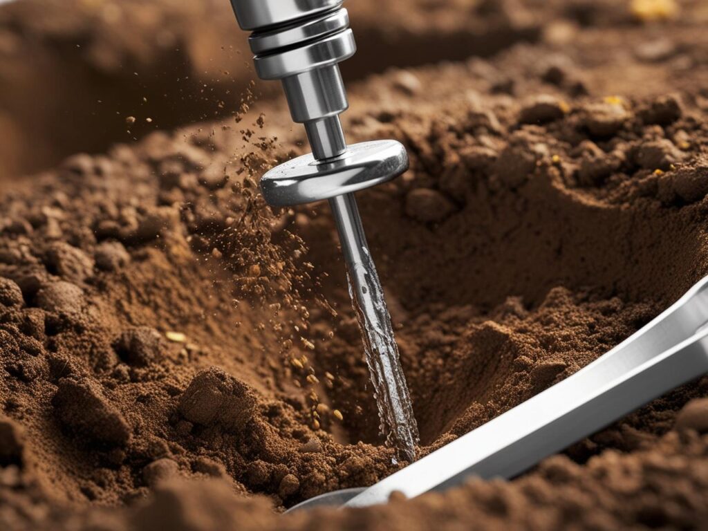 Close-up of the split-spoon sampler and the hammer mechanism in motion, mid-drop, emphasizing technical precision. soil, messy effect