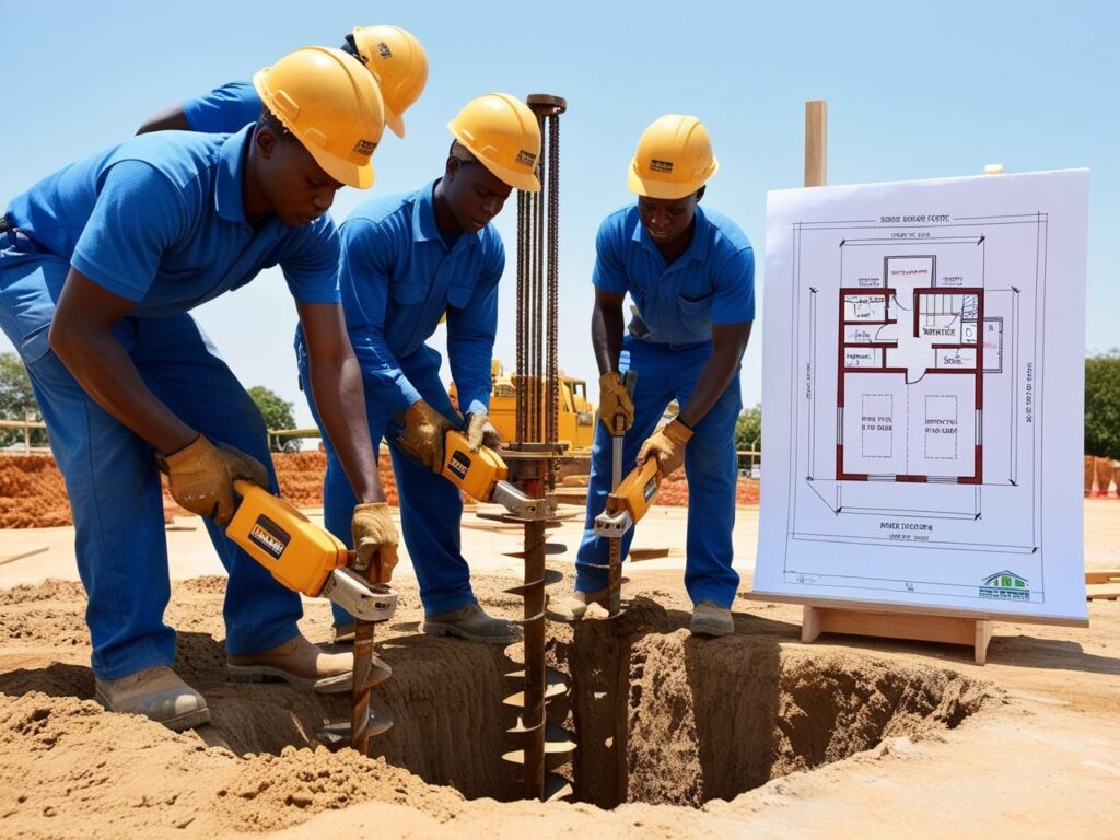 Drilling with african team taking place at a construction site, with foundations being planned.
