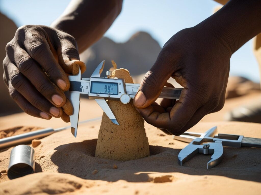 Zoomed-in hands of a african geologist measuring core samples with calipers. man