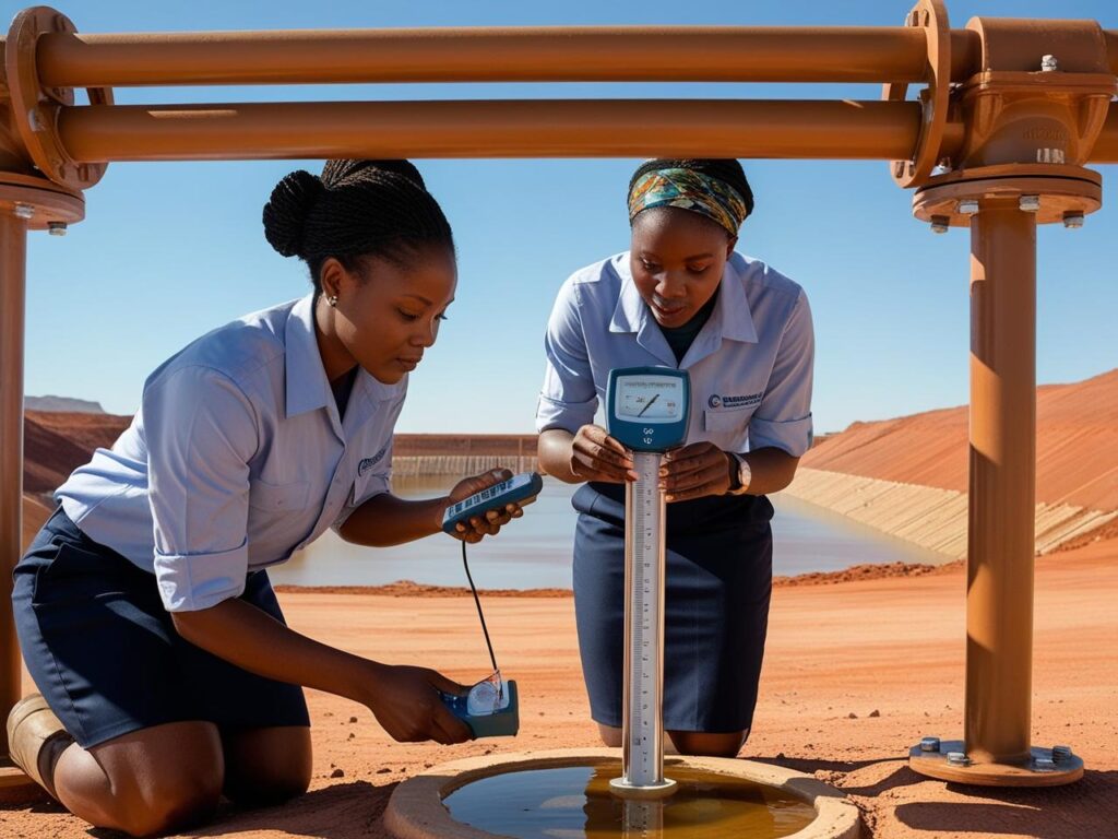 african Environmental engineers inspecting and recording water levels from an installed piezometer at a tailings dam or slope site.